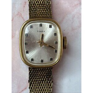 Vintage Timex Women Mechanical Watch Gold Case Steel Band Keep Time Silver Face